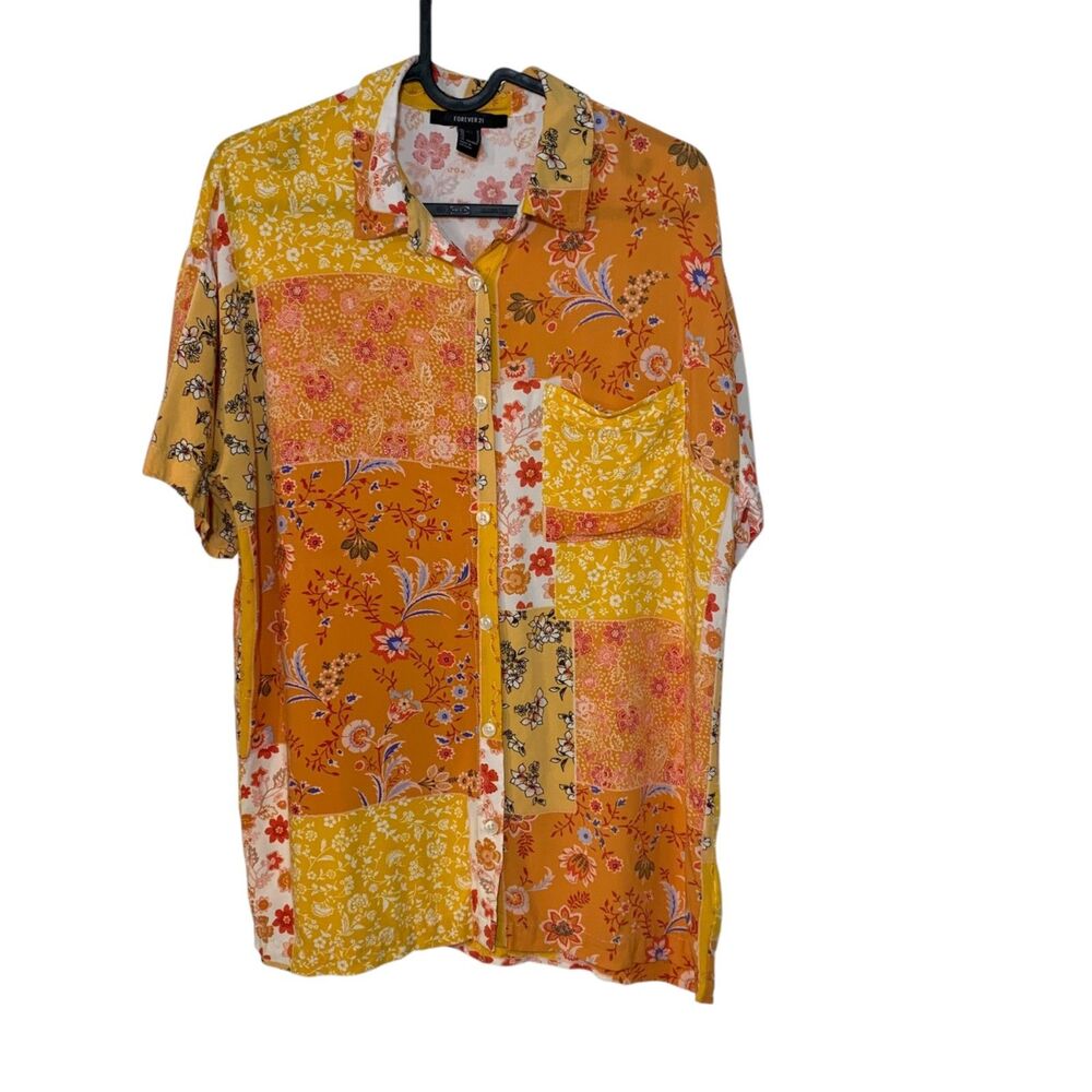 Womens Boho Vibrant Patchwork Orange Yellow Button Up Shirt M Festival Vacation
